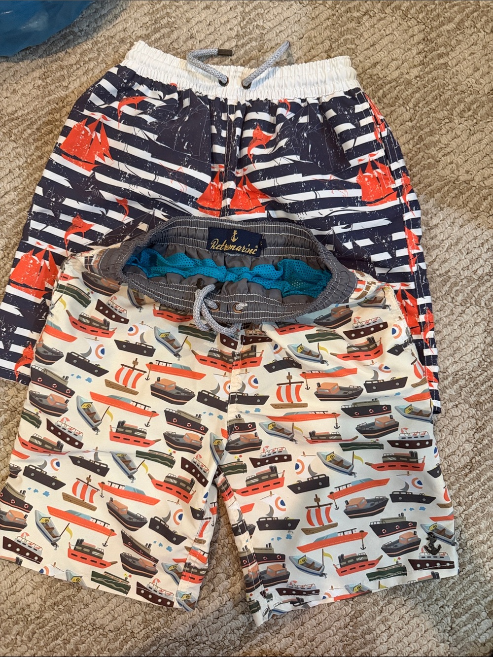 Retromarine Boys' Boat Print Swim Shorts - Navy & White & Orange